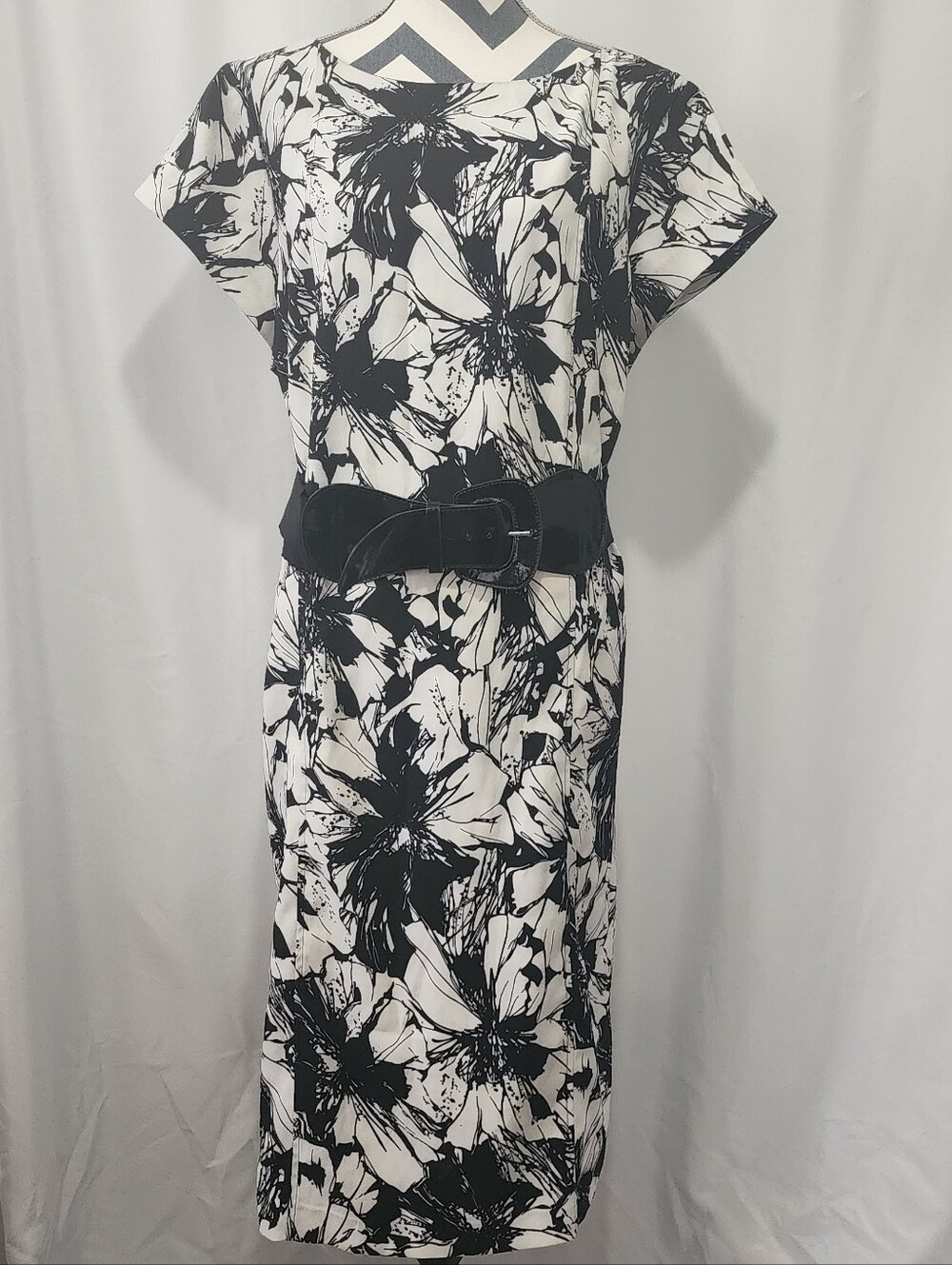 Avenue Black and White Floral Midi Dress with Wide Belt